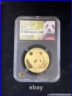 2018 China Panda 5-Coin Gold Set 57 grams NGC MS70 ER, Signed Black Core