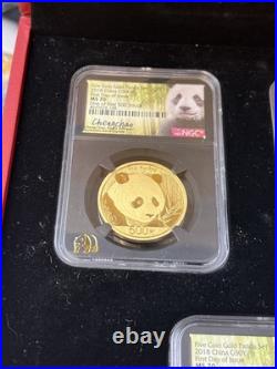 2018 China Panda 5-Coin Gold Set 57 grams NGC MS70 ER, Signed Black Core