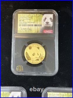 2018 China Panda 5-Coin Gold Set 57 grams NGC MS70 ER, Signed Black Core