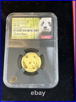 2018 China Panda 5-Coin Gold Set 57 grams NGC MS70 ER, Signed Black Core