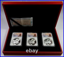 2019 NGC MS70 CHINA 3 Coin Signed 1oz Silver Panda 10 Yuan Set #51761R