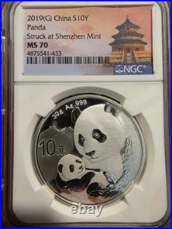 2019 (S) (Y) (G) China Panda 1 oz. 999 Fine Silver 3-Coin Rare Set, NGC MS70