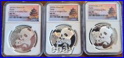2019 (S) (Y) (G) China Panda 1 oz. 999 Fine Silver 3-Coin Rare Set, NGC MS70 1