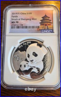 2019 (S) (Y) (G) China Panda 1 oz. 999 Fine Silver 3-Coin Rare Set, NGC MS70 1
