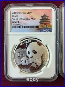 2019 (S) (Y) (G) China Panda 1 oz. 999 Fine Silver 3-Coin Set, NGC Graded MS70