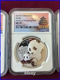 2019 (S) (Y) (G) China Panda 1 oz. 999 Fine Silver 3-Coin Set, NGC Graded MS70