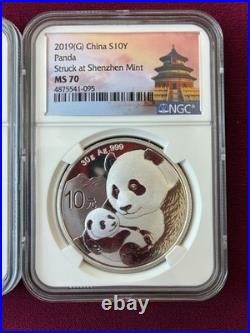 2019 (S) (Y) (G) China Panda 1 oz. 999 Fine Silver 3-Coin Set, NGC Graded MS70