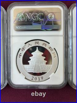 2019 (S) (Y) (G) China Panda 1 oz. 999 Fine Silver 3-Coin Set, NGC Graded MS70