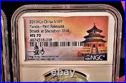 2019 (s) (y) (g) China Silver Panda 3-coin Set, Ngc Ms 70 Fr, Tong Fang Sig