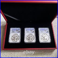 2022 China 30-Gram Silver Panda 3-Pc. Mint Set MS 70 Huang Qin Signature Set