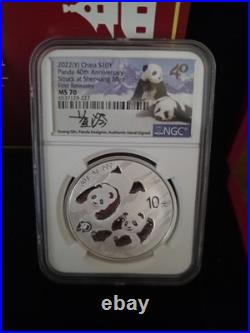 2022 China Panda 10Y silver set NGC MS70 First Releases 40th Anniversary SIGNED