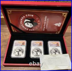 2022 China Silver Panda 3 Coin Box Set NGC MS70 Huang Qin SIGNED Privy Chinese