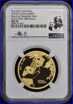 2023 China Gold Panda 5-Coin Set NGC MS70 1st Day Signed Silver Labels