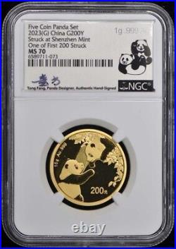 2023 China Gold Panda 5-Coin Set NGC MS70 1st Day Signed Silver Labels