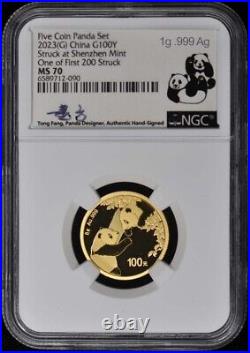 2023 China Gold Panda 5-Coin Set NGC MS70 1st Day Signed Silver Labels