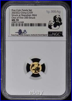 2023 China Gold Panda 5-Coin Set NGC MS70 1st Day Signed Silver Labels