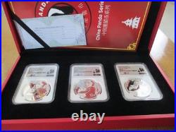 2023 China Panda 40th Anniversary 3 Coin Silver Set NGC MS70 Signed by Fang
