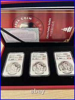 2024 China 30-gm Silver Panda 3-pc Mint Set NGC MS70 First Day of Issue withGu Sig