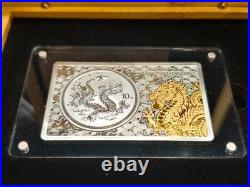 2025 CHINESE DRAGON COIN IN A BAR 2 Oz + 1 Oz Set SILVER Coin Gold Glided