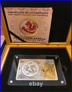 2025 CHINESE DRAGON COIN IN A BAR 2 Oz + 1 Oz Set SILVER Coin Gold Glided