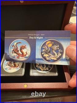 2025 China Dragon Day and Night Two Coin Set 1oz 999 Silver BU in Box with COA