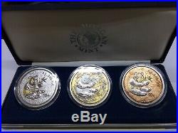 3 Coin Box Set 2000 China Panda Plated With 24kt Gold 10 Yuan 1 oz. 999 Silver