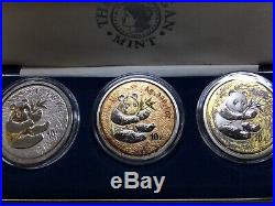 3 Coin Box Set 2000 China Panda Plated With 24kt Gold 10 Yuan 1 oz. 999 Silver