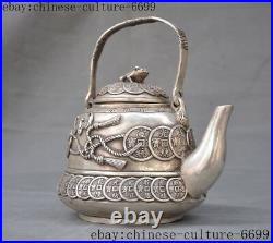 8marked old Chinese silver carving frog bat coin Teapot tea set tea maker