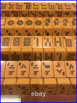 Antique BAKELITE MAHJONG Set-144 Tiles-4 BURGUNDY RACKS-98 Swirl Coins-Book WOW