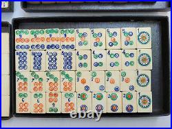 Antique Mah Jongg Set Complete 148 Tiles Bamboo Bone Plus Sticks & Coins