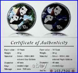 CHINA (2) 10 Yuan 2023 Silver Colorized Panda Day/Night Coin Set OGP/COA