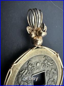 CHINESE COIN SET COIN CHARM PENDANT WRAPED IN 10k GOLD WIRE