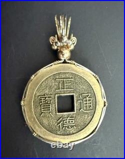 CHINESE COIN SET COIN CHARM PENDANT WRAPED IN 10k GOLD WIRE
