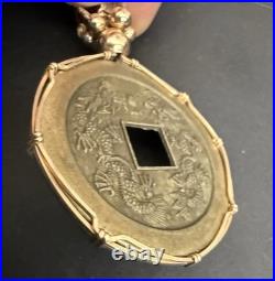 CHINESE COIN SET COIN CHARM PENDANT WRAPED IN 10k GOLD WIRE