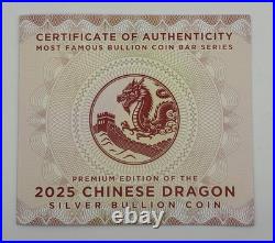 CHINESE DRAGON 2025 Premium Set 1 oz Silver Coin & 2 oz Silver Bar China MDM