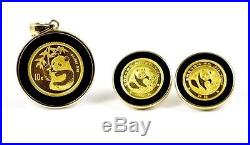 China 1/10 1/20 oz 999 Gold Panda Coins in 14k Onyx Bezel Pendant Earrings Set