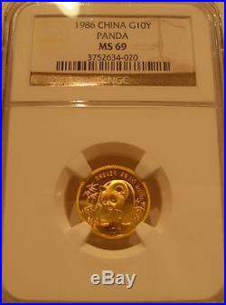 China 1986 Gold 5 Coin Full UNC Panda Set All Coins NGC MS-69