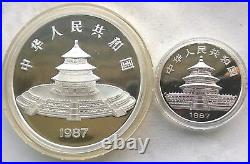 China 1987 Panda 10,50 Yuan 1oz+5oz Set of 2 Silver Coins, Rare