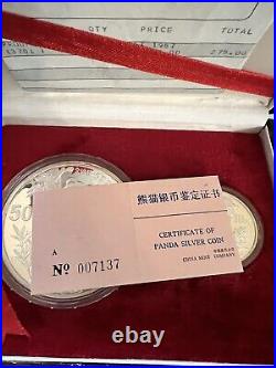 China 1987 Panda Two Coin Silver Proof Set 1oz & 5oz With Boxes & COA 10 & 50 Yuan