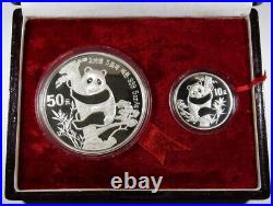 China 1987 Panda Two Coin Silver Proof Set 1oz & 5oz WithBoxes & COA 10 & 50 Yuan