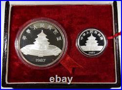 China 1987 Panda Two Coin Silver Proof Set 1oz & 5oz WithBoxes & COA 10 & 50 Yuan