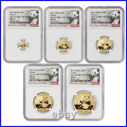 China 2017 Set of 5 Gold Pandas NGC MS70 First Day of Issue Panda FDOI Coins