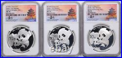 China 2019 (S, G, Y) 30g Silver Panda 3-Coin Set MS70 NGC Tong Fang Signed