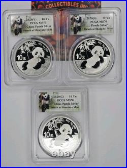 China 2020 3OZ TOTAL Silver 3-Coin Panda Set MS70 PCGS Shenyan Shagnhai Shenzen