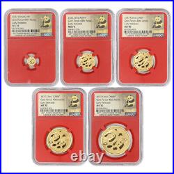 China 2022 Set of 5 Gold Pandas NGC MS70 Early Releases Red Core Panda Coins