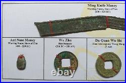 China, A set of early bronze cast coins on a cardboard 475 BC 14 AD