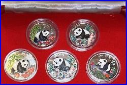 China Panda Colorized Silver 5 Coin Set With Case & COAs