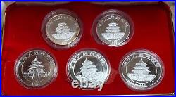 China Panda Colorized Silver 5 Coin Set With Case & COAs