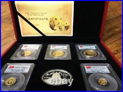 China Set of 5 2011 Gold Pandas PCGS Gem BU First Strike withBox & CoA