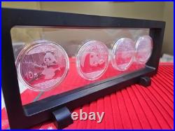China Silver Panda 4 Coin Set+Floating 3D Display Case! All GEM BU+OGP CASE